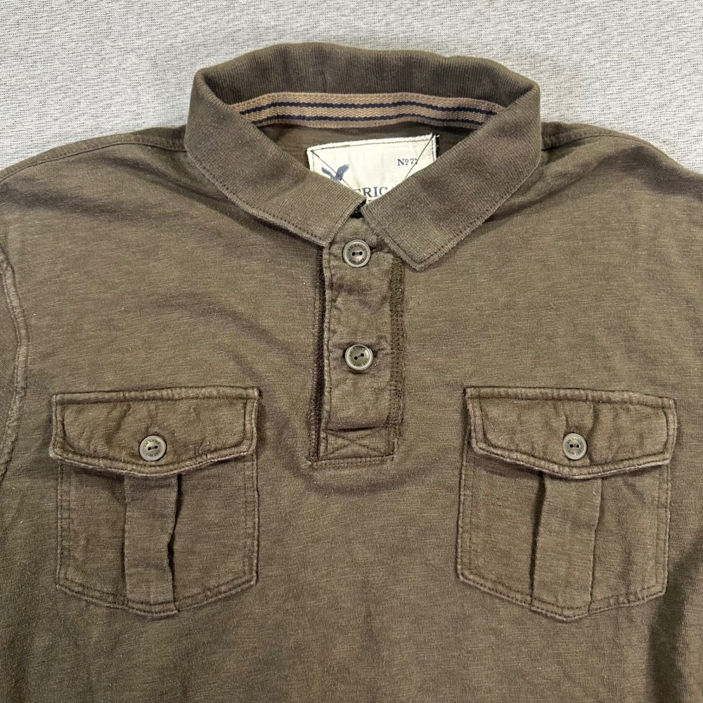 Y2K American Eagle Rugby Polo Shirt Mens‎ XL Green Military Short Sleeve Pockets